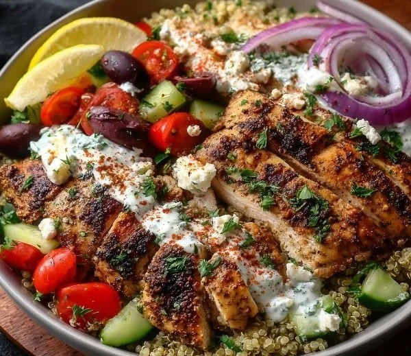 Delicious high-protein Mediterranean chicken bowl with fresh vegetables and grains