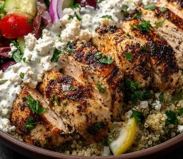 High-Protein Mediterranean Chicken Bowls with fresh vegetables and herbs