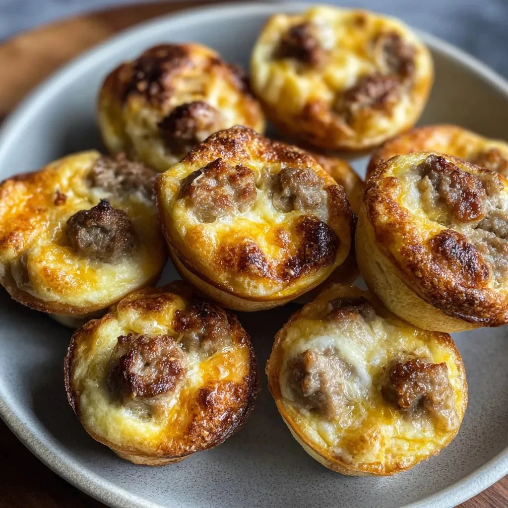 High-protein pancake sausage mini muffins topped with syrup on a table