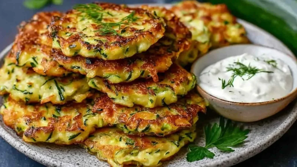 High protein zucchini fritters served on a plate with dipping sauce