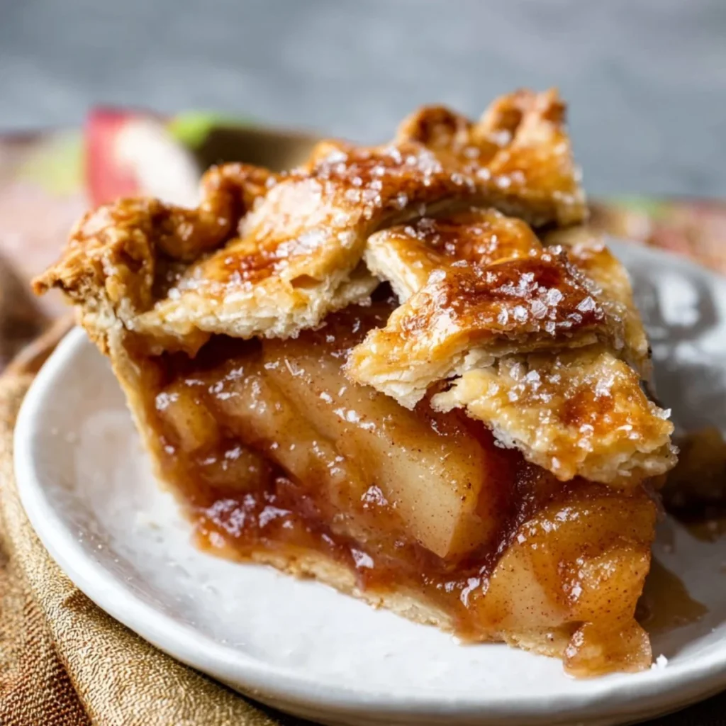 Delicious homemade caramel pear pie on a wooden table