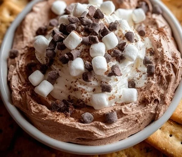 Delicious hot cocoa dip served with marshmallows and cookies