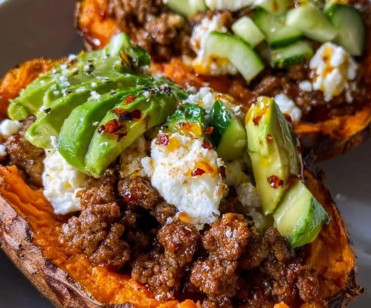 Delicious Hot Honey Beef served in sweet potato boats for a flavor-packed meal.