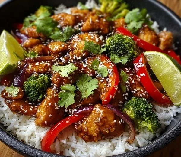 Hot Honey Chicken Bowl featuring crispy chicken drizzled with spicy honey sauce.