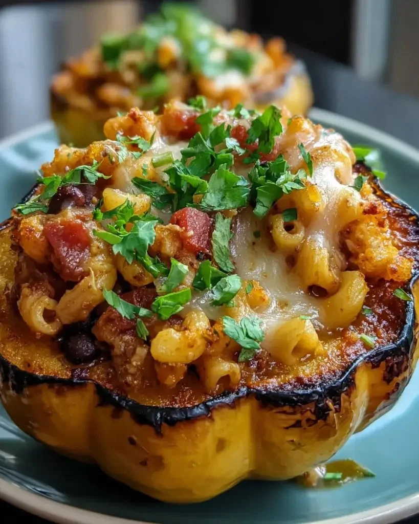 Hot Honey Chili Mac Stuffed Squash topped with cheese and herbs