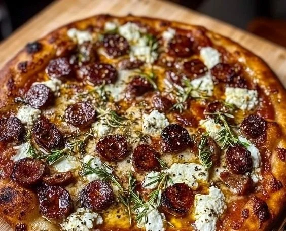 Delicious Hot Sausage Feta Honey Pizza topped with spicy sausage and drizzled with honey