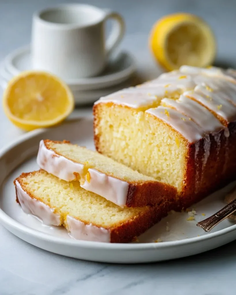 Healthy Greek yogurt lemon loaf cake with a slice served on a plate