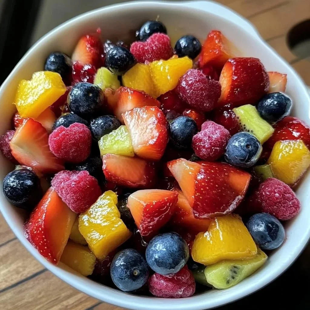 Colorful Valentine's Day fruit salad with fresh berries and heart-shaped fruits