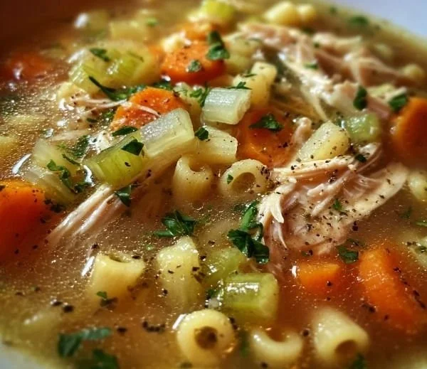 Bowl of Italian Pastina Soup with fresh herbs and golden pasta shapes