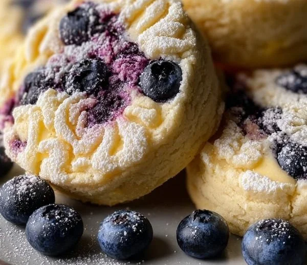 Plate of delicious Lemon Blueberry Cheesecake Cookies with blueberries and lemon zest