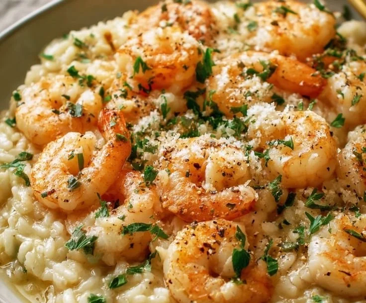 Plate of lemon garlic shrimp risotto garnished with parsley