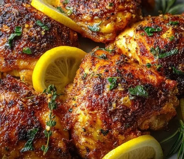 Lemon Paprika Roast Chicken Thighs seasoned and ready to serve