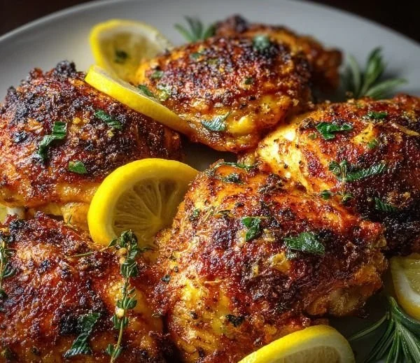 Lemon Paprika Roast Chicken Thighs with fresh herbs and spices