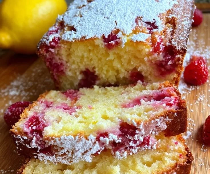 Freshly baked Lemon Raspberry Loaf with slices showing lemon and raspberry swirls.