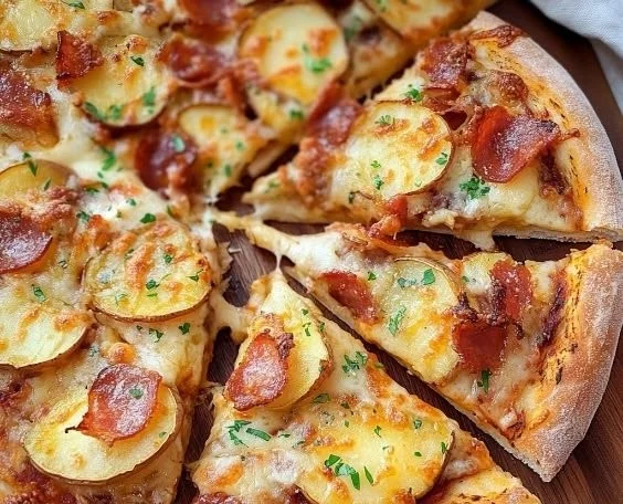 Loaded Baked Potato Pizza topped with cheese, bacon, and chives.