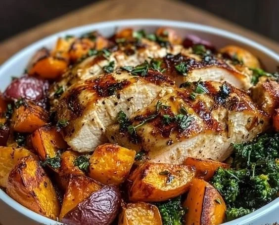 Maple Dijon Chicken Bowl with chicken, greens, and Dijon glaze