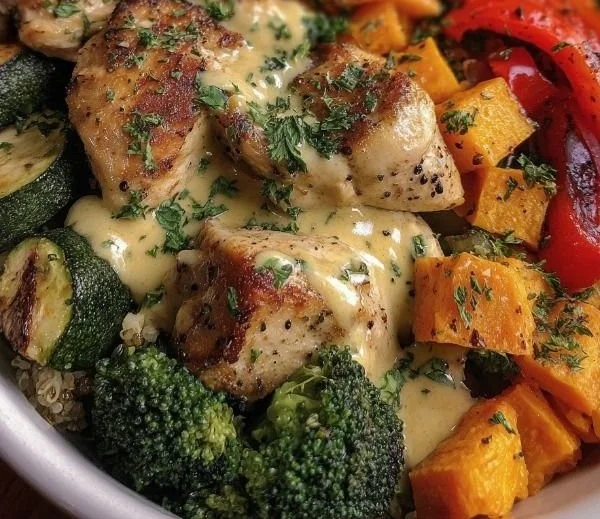 Maple Dijon Chicken bowl topped with roasted sweet potatoes and mixed vegetables