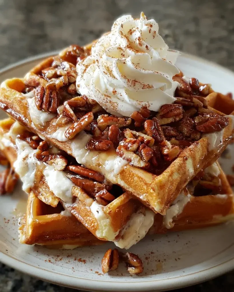 Delicious Maple Pecan Cream Cheese Waffles topped with syrup and pecans