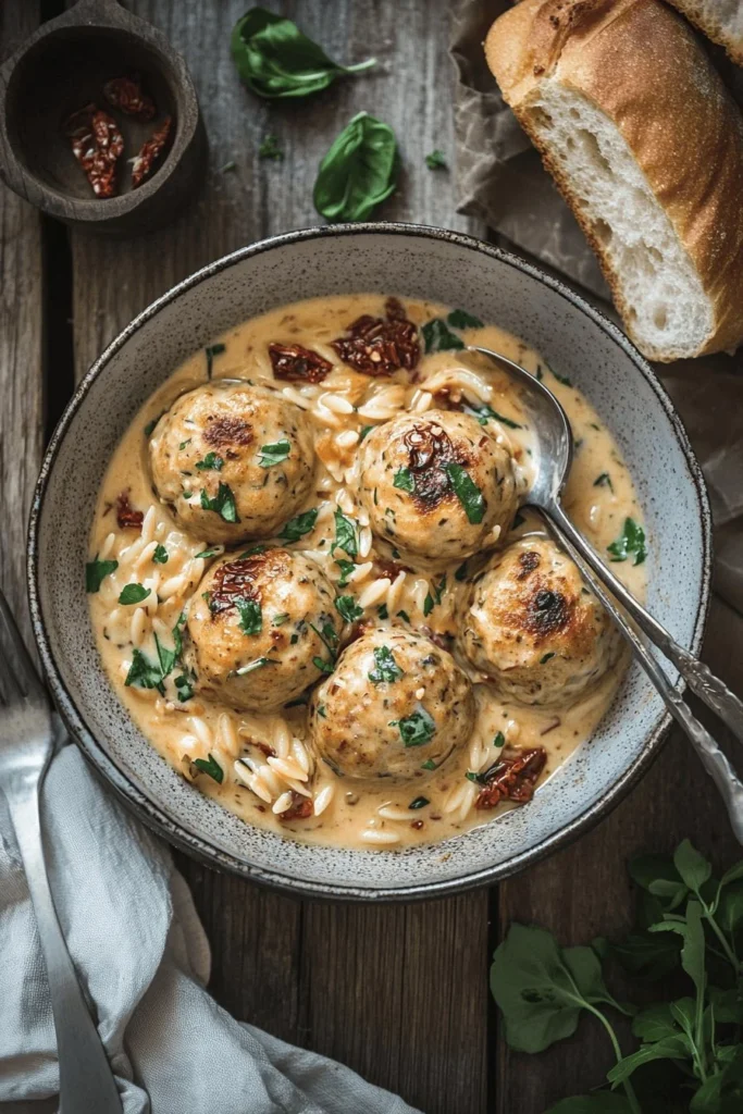 Plate of Marry Me Chicken Meatballs garnished with herbs and cheese
