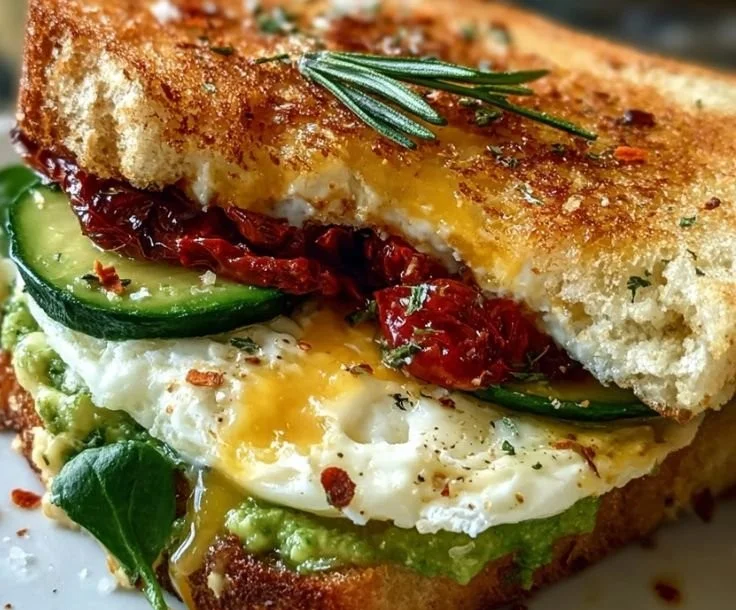 Delicious Mediterranean breakfast sandwich with fresh vegetables and herbs