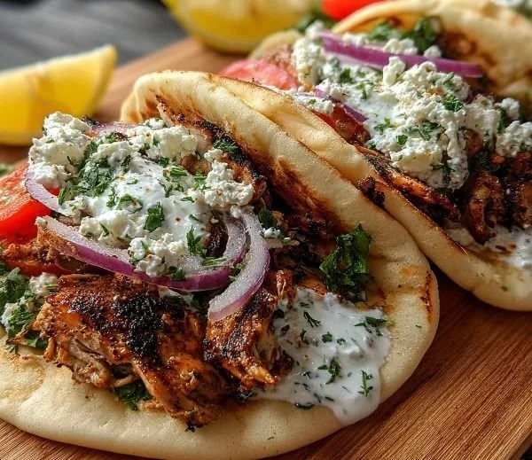 Mediterranean Chicken Gyros with creamy feta tzatziki sauce on a plate