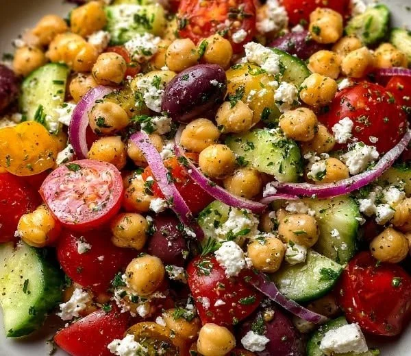 Mediterranean Chickpea Feta Salad in a bowl with fresh vegetables and herbs