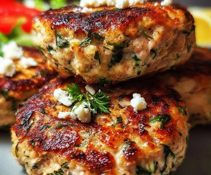 Mediterranean Greek Chicken Burgers topped with herbs and feta cheese