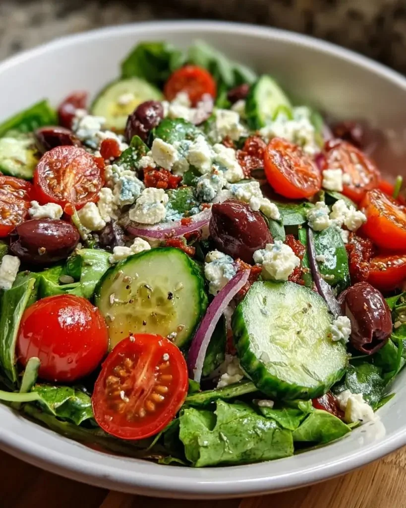 Mediterranean salad bowl with greens, vegetables, and a delicious dressing