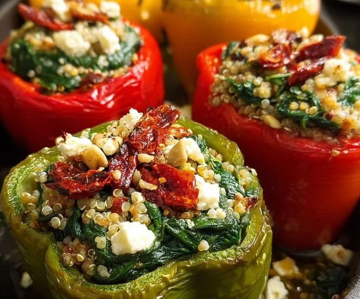 Mediterranean spinach feta stuffed peppers on a plate garnished with herbs