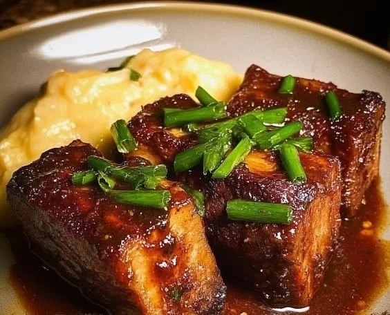 Plate of melt-in-your-mouth beef short ribs garnished with herbs