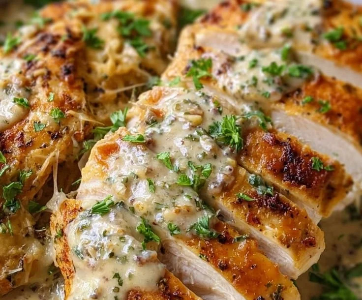 Delicious Melt In Your Mouth Caesar Chicken served on a plate with fresh greens.