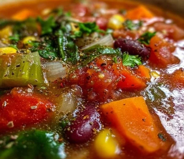 Bowl of Million Dollar Soup featuring fresh vegetables and herbs
