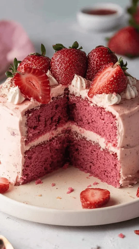 Delicious mini strawberry cake topped with fresh strawberries and whipped cream