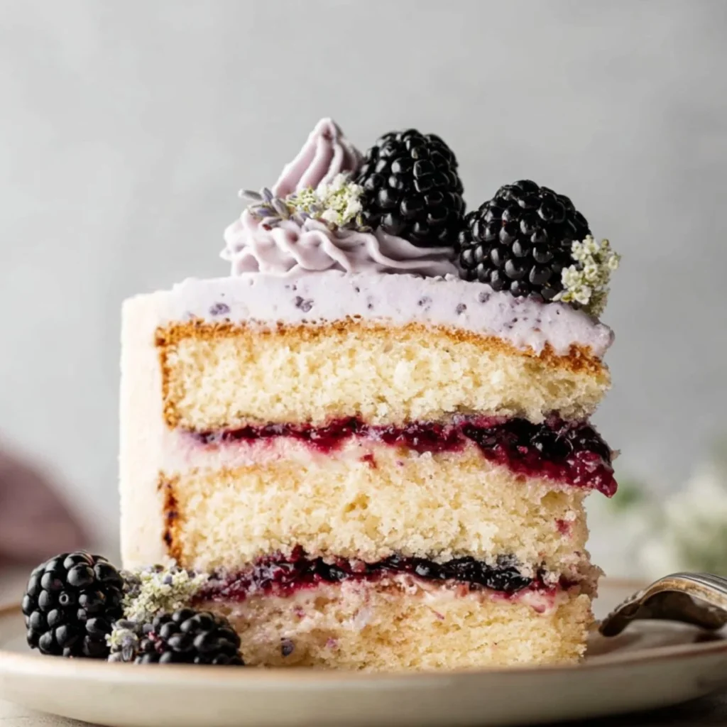 Moist Blackberry Lavender Cake topped with fresh blackberries and lavender sprigs