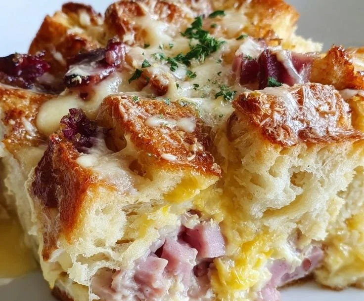 Monte Cristo Breakfast Casserole ready to serve in a baking dish