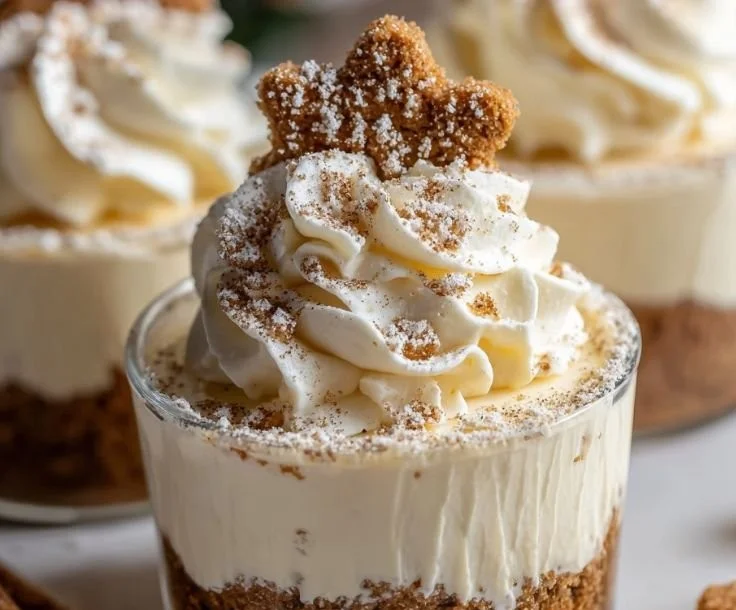 No-bake gingerbread cheesecake cups topped with a gingerbread cookie