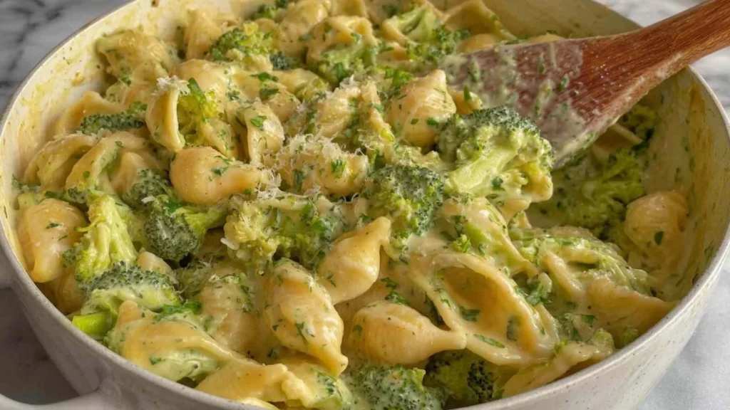 Creamy one pot healthy broccoli mac and cheese dish ready to serve