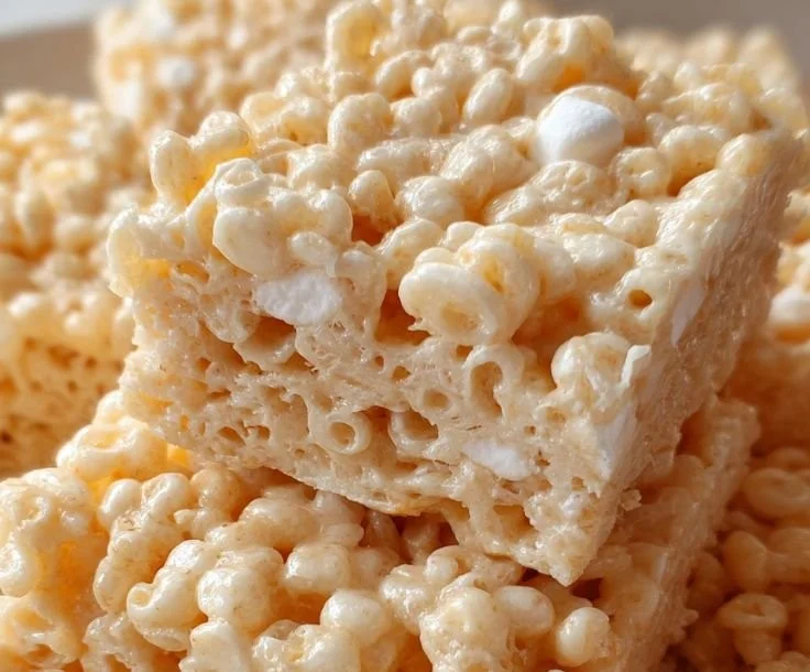 Delicious Original Rice Krispie Treats made with crispy rice cereal and marshmallows.