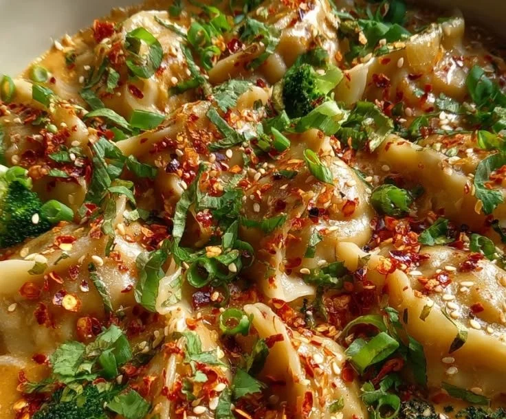 Oven-baked dumplings drizzled with creamy peanut sauce on a plate