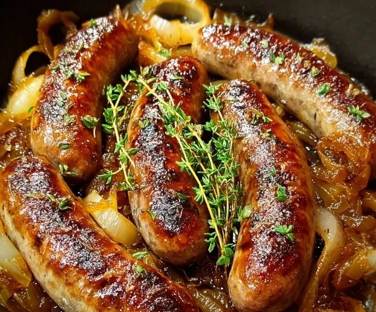 Oven Braised Beer Brats with Caramelized Onions served on a wooden plate