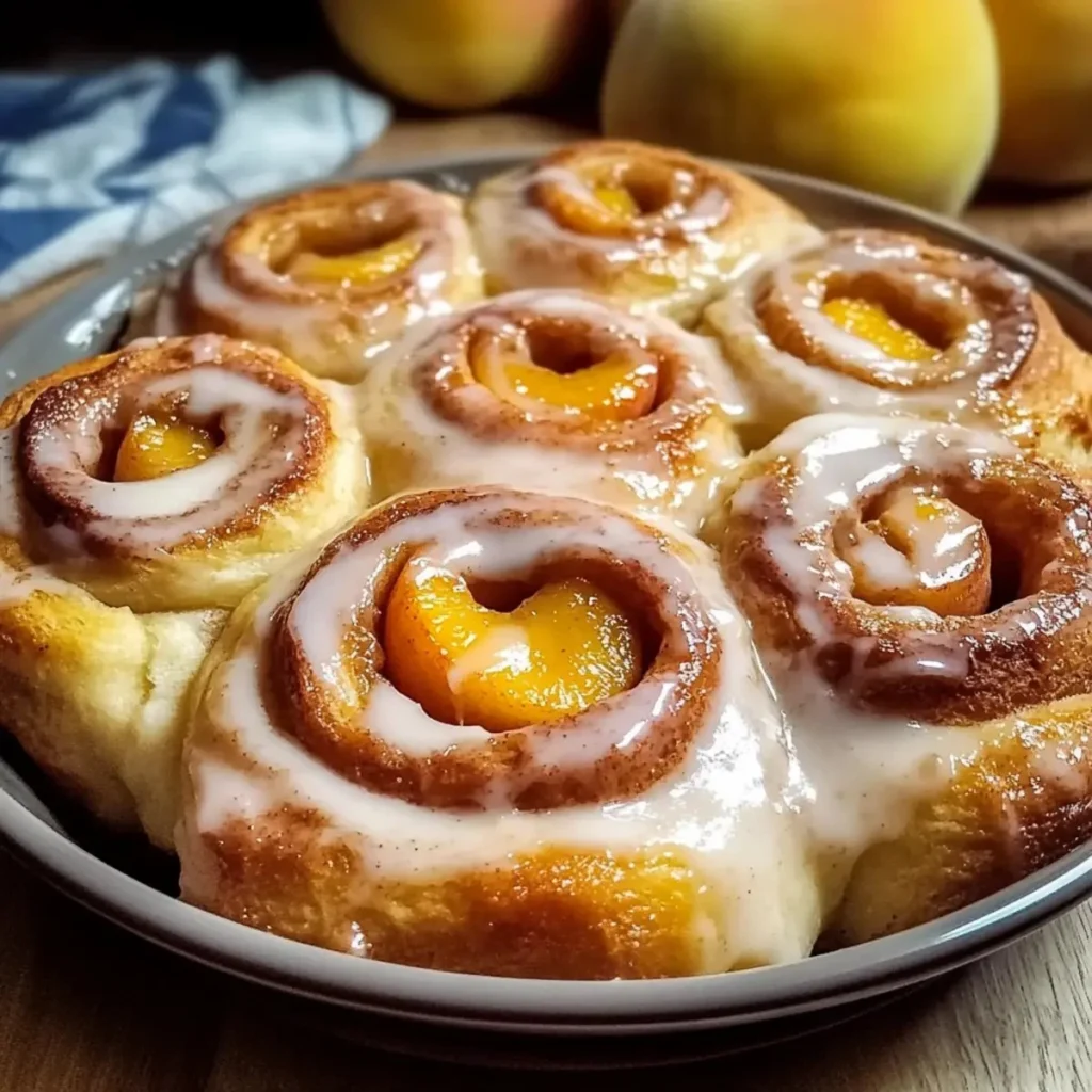 Freshly baked Peach Pie Cinnamon Rolls topped with sweet glaze and sliced peaches