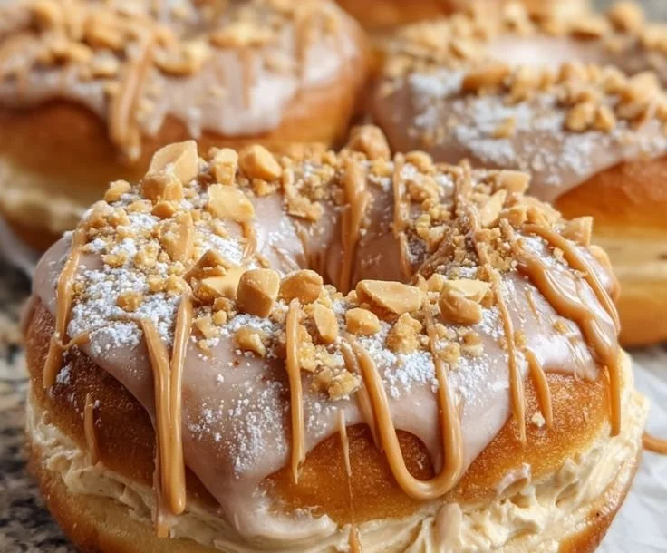 Delicious Peanut Butter Cheesecake Donuts topped with creamy peanut butter frosting.