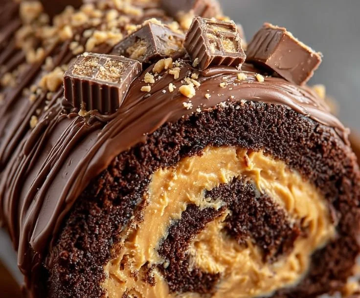 Peanut Butter Cup Chocolate Roll dessert topped with chocolate and peanut butter