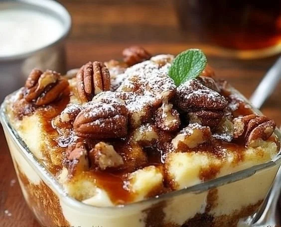 Pecan Bourbon Bread Pudding dessert with rich flavors and warm toppings.