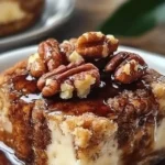 Delicious Pecan Bourbon Bread Pudding topped with caramel sauce