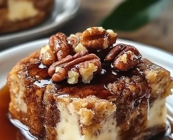 Delicious Pecan Bourbon Bread Pudding topped with caramel sauce