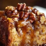 Delicious pecan caramel bread pudding served in a bowl with a caramel drizzle