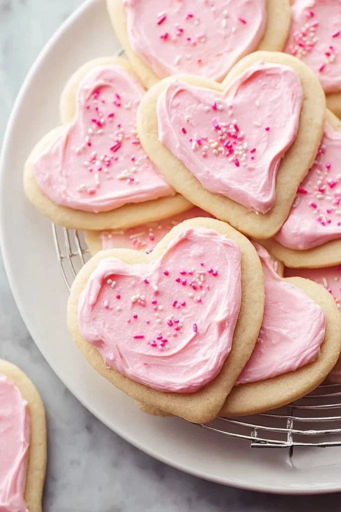 Delicious sugar cookies decorated with cream cheese frosting on a plate
