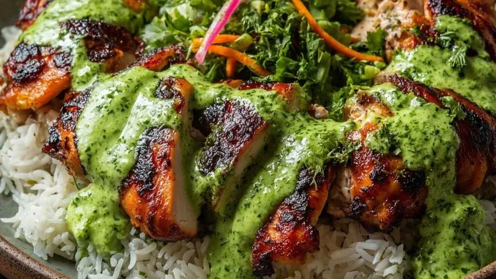 Plate of Peruvian chicken served with rice and green sauce
