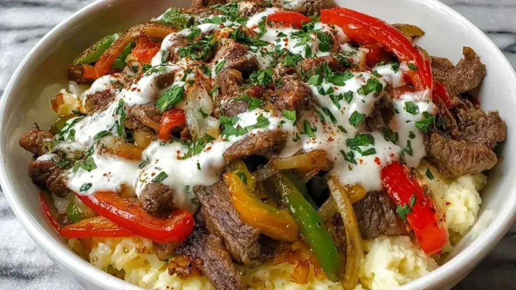 Delicious Philly Cheesesteak Bowl topped with cheese and peppers